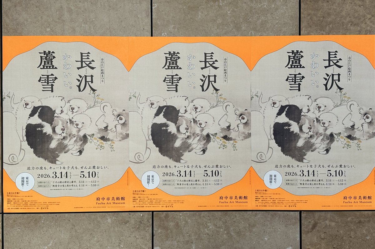 edo_fam's tweet image. 長沢蘆雪展、ポスちらが納品されました〜これで、春の江戸絵画まつりの蛍光オレンジポスターも見納めかと思うと、しんみりしちゃいそうになりますが、作品にぴったりの明るく素敵なポスターで、気分も上がります！年の終わりに、皆さんにお見せできて嬉しいです！