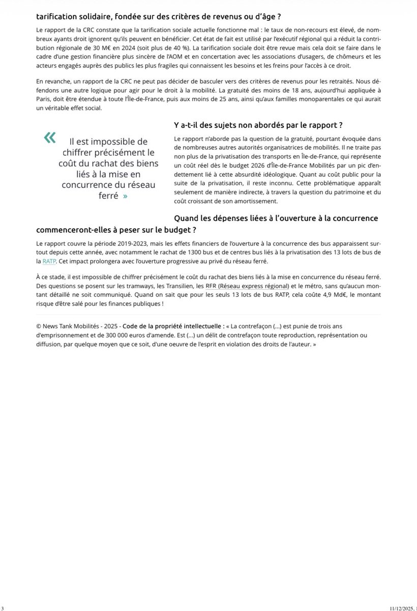 💸 La <a href="/crcidf/">Chambre régionale des comptes Île-de-France</a> s’est penchée sur la gestion d’Ile-de-France mobilités par Valérie Pécresse 

❌ Insincérité comptable, hausse des tarifs, non recours aux droits, absence de stratégie et d’études d’impact, coût pour les finances publiques de la privatisation…