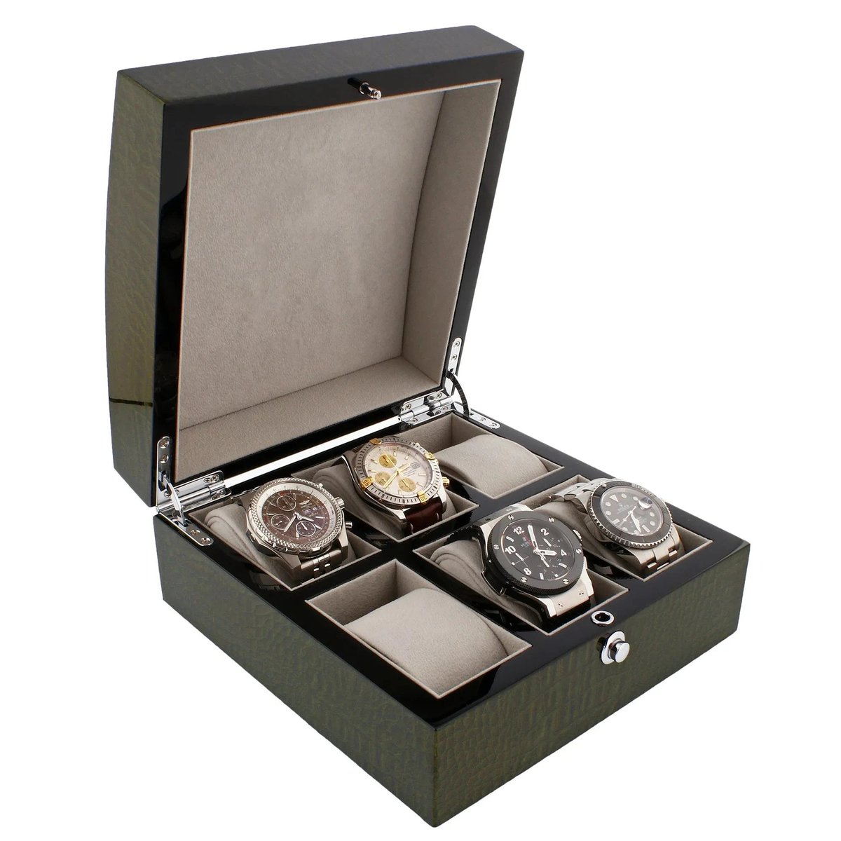 aevitas_uk's tweet image. Store your collection in style with our green high gloss lacquered crocodile print watch box. Holds up to six watches, showcasing your appreciation for fine craftsmanship. £159.95 #WatchStorage #LuxuryCraftsmanship aevitas-uk.co.uk/products/premi…