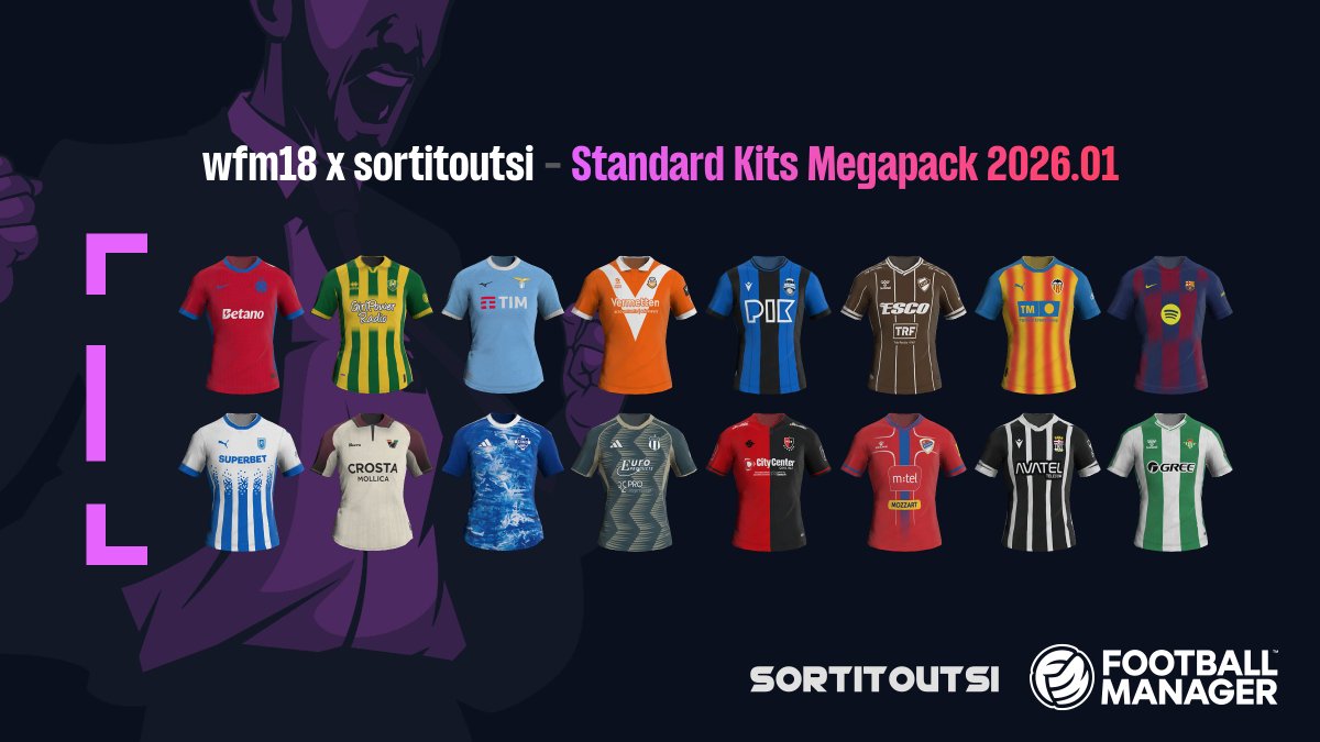 📢 <a href="/sortitoutsi/">Sort It Out SI.net</a> Standard Kits Megapack 2026.01 for #FM26 released  

Look what I've found under the Christmas tree! First update of the year, improve your Football Manager 26 experience with more 2D kits made in the default style of SI!

Download here 👉 sortitoutsi.net/content/75088/…