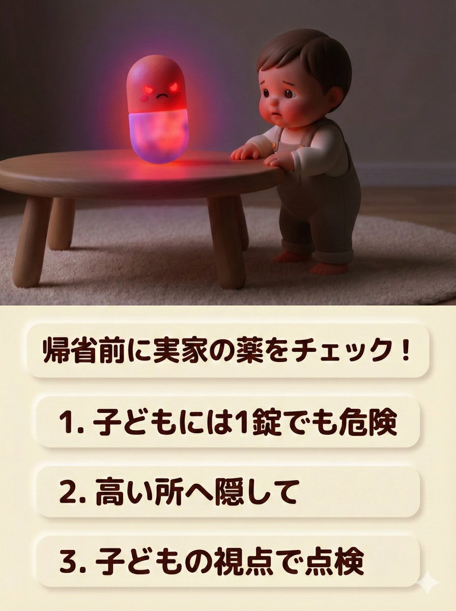 久しぶりの実家への帰省。実は、そこにある「1錠の薬」が、小さなお子さんの命に関わることがあります。
祖父母が飲む血圧や糖尿病の薬は、体重の軽い幼児には強すぎて「one pill can kill（1錠で致死的になり得る）」と呼ばれます。