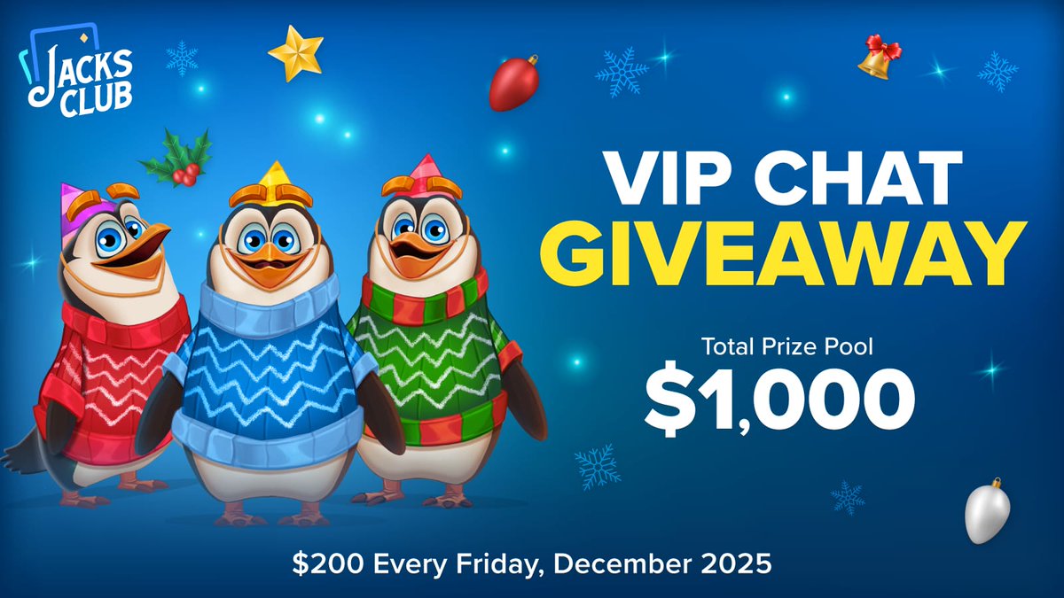 JacksClubCasino's tweet photo. Cold outside. ❄️
HOT rewards inside. 🔥

🐧 VIP Chat Giveaway at Jacks Club Casino
💰 $1,000 Prize Pool
📅 $200 Every Friday – December 2025
VIP chat members eat first. Always. 🏆

#JacksClubCasino #VIPRewards #DecemberWins https://t.co/pW3jjVVAUg