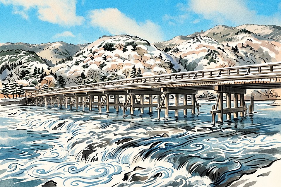 アクリル画　京都嵐山 冬の京都嵐山のイラストバージョンです😊😊😊