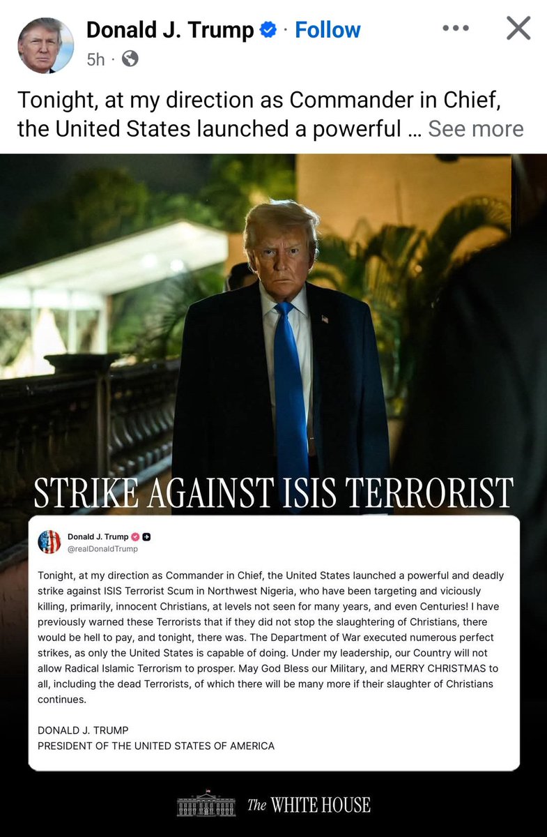 The US Army bombing the ISWAP is the best Christmas Day gift ever. This action of the action president Trump has raised the hope Nigerian Christians and by extension the innocent Muslim victims.

Merry Christmas to Nigerians and the dead terrorists. God bless America