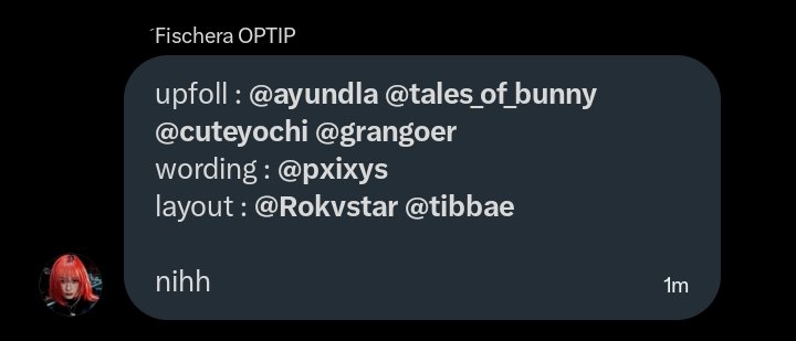 Congrats! Pemenangnya dipilih langsung oleh sponsor cantik kita <a href="/madamebjorne/">َ Fischera OPTIP</a>. Nama-nama yg ditag boleh claim ke DM sesegera mungkin dan jangan lupa untuk shoutout setelah dapat.
Upfoll : <a href="/ayundla/">♡ ۫ ּ 𝓜arynet's. wording</a> <a href="/tales_of_bunny/">KiKi 💭 OPTiP 📌</a> <a href="/cuteyochi/">chiselle, 700+ proofs.</a> <a href="/grangoer/">oriana : wa only / mt after chat!</a> 
Wording : <a href="/pxixys/">Adelia</a>
Layout : <a href="/Rokvstar/">ً</a> <a href="/tibbae/">𝓳𝓮’𝓋𝑜𝓊𝓈 ꒰ᐢ. ̫ .ᐢ꒱ྀི🍓- robux & app prem</a>