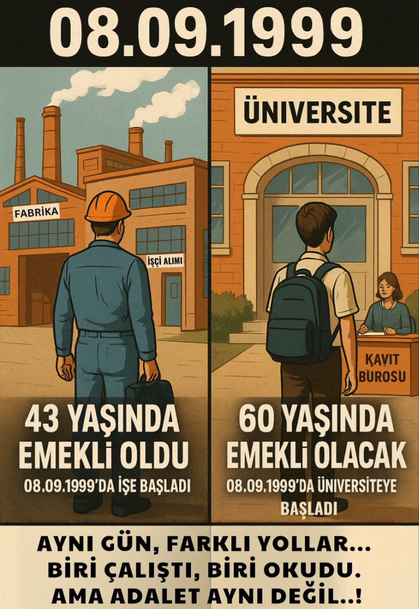 Devlet vatandaşını tarihle ayırmaz!
08.09.1999 bir milat değil, milyonların kaderini yok sayan bir kırılma noktasıdır.
Bu kırılmayı ancak kademeli emeklilik onarabilir.

#KademeyiÇıkarın