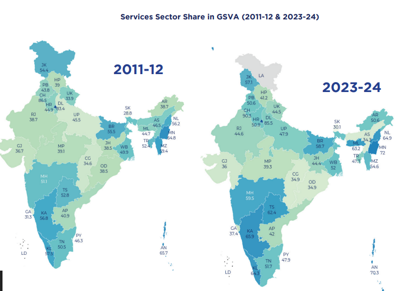 World_Data_A's tweet photo. 🇮🇳📊🗺️💼🚀
India’s services-led growth map
Rising services dominance: Most states increased their #services share in #GSVA between 2011–12 and 2023–24, confirming a sustained structural shift.
Income linkage: Higher #percapita income #states tend to have a larger services share, showing a clear positive association.
#Regional #divergence: Southern and urbanized states lead the transition, while several central and eastern states remain more #industry- or #agriculture-heavy.
#Urban hubs as engines: #Delhi, #Chandigarh, #Maharashtra, #Karnataka, and Tamil #Nadu anchor high-income, services-driven growth clusters.
Policy signal: Bridging the services gap, via skills, urban infrastructure, and digital connectivity, remains key for balanced, pan-India growth.
Source: @Deloitte