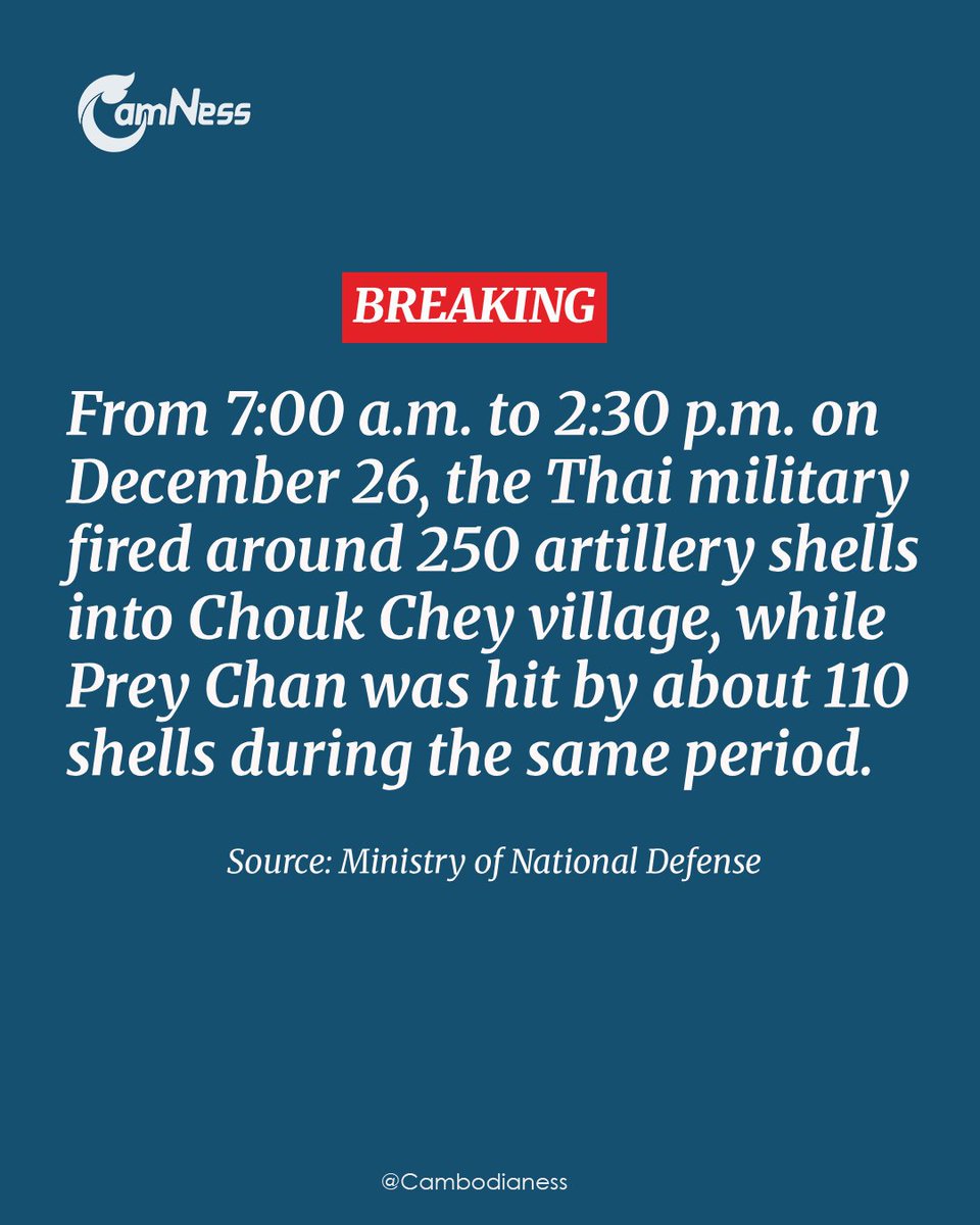 TTNEnglish's tweet photo. Between 7:00 am and 2:30 pm, the Thai military launched approximately 250 artillery shells into Chouk Chey village, while Prey Chan was struck by about 110 shells during the same timeframe. https://t.co/JqbhwDliuk