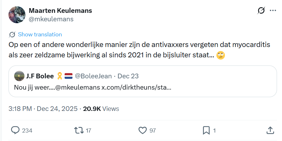 <a href="/mkeulemans/">Maarten Keulemans</a> Klein detail; myocarditis had in de bijsluiter moeten staan vóórdat de mRNA prikken als 'veilig' werden aangeprezen voor kinderen en jonge mensen. Het jaar 2021 was het jaar dat de Gezondheidsraad, kinderartsen, gynaecologen en Hugo de Jonge natuurlijk deze prikken als 'veilig'