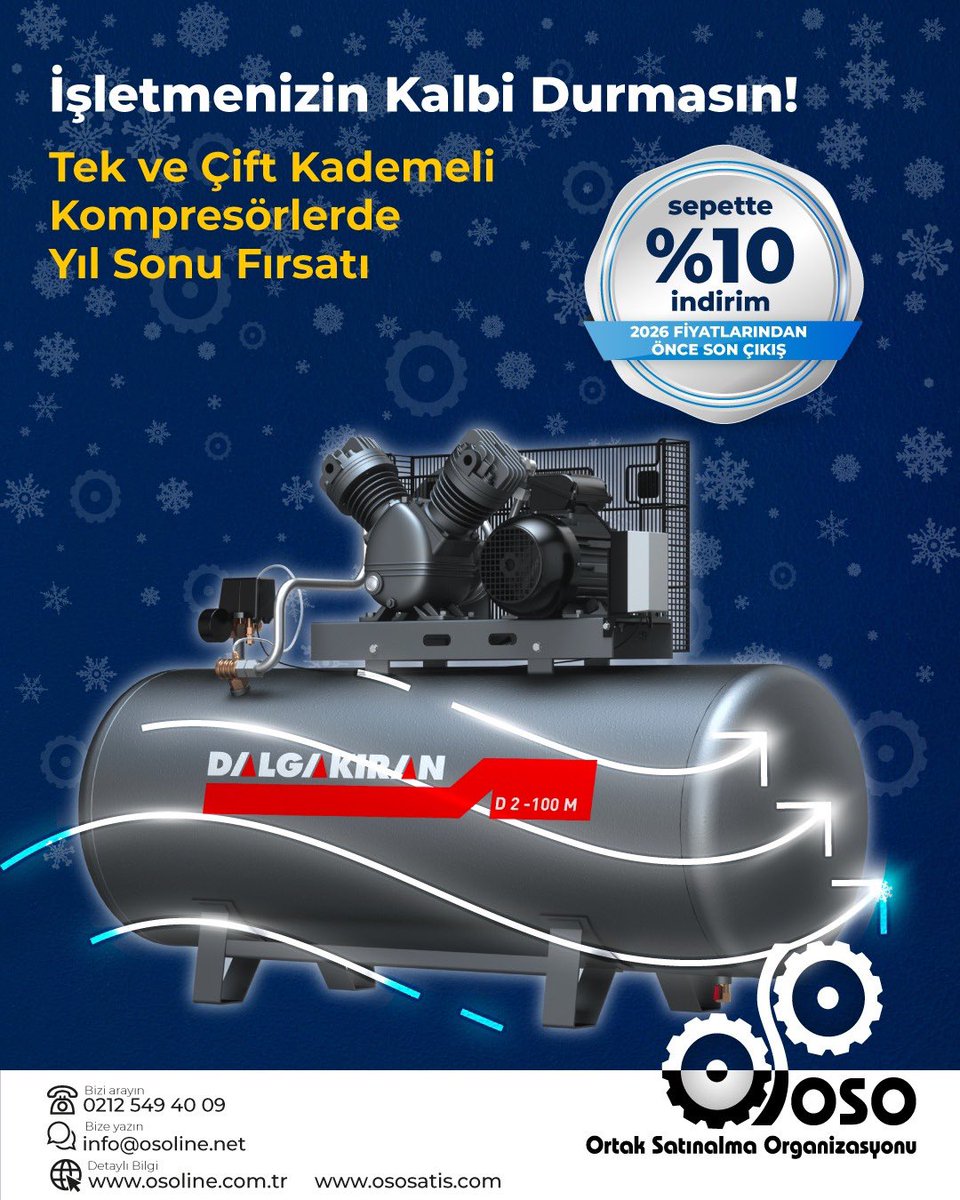İşletmenizin Kalbi Güçlü Atsın! 
Bir üretim tesisinde basınçlı hava durursa, her şey durur.
İşletmenizin en kritik demirbaşı olan kompresörünüzü yenilemek veya kapasite artırmak için 2026'yı beklemeyin. 

ososatis.com/kompresor-ve-v…
. . 
#Kompresör #BasınçlıHava #PistonluKompresör