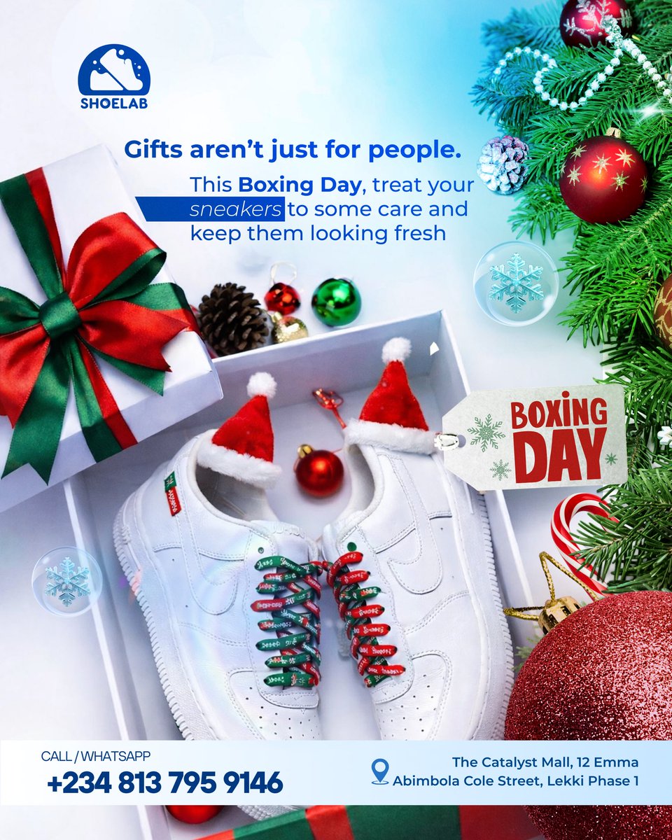 ShoeLabNG's tweet photo. Happy Boxing Day! 🎁 Give your sneakers a post-holiday refresh. DM us or walk in today. 

Pickup &amp; drop-off available tomorrow!

#shoelab #BoxingDay2025 #MerryChristmas #SneakerCleaning https://t.co/dXx8bOzK2B