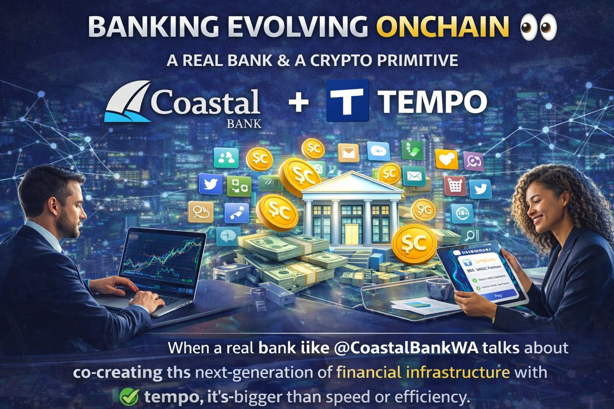 Another strong signal 👀

When a real bank like <a href="/CoastalBankWA/">Coastal</a> talks about co-creating the next generation of financial infrastructure with <a href="/tempo/">Tempo</a>, it’s bigger than speed or efficiency.

It’s about unlocking new capabilities for fintech and embedded finance.

This is what modern