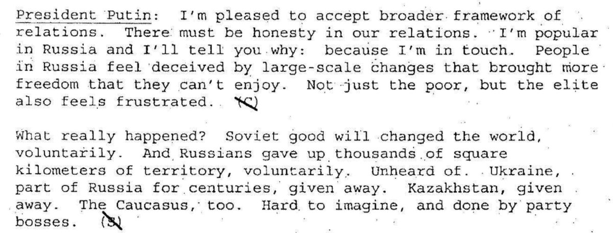 yarotrof's tweet image. The inevitable conclusion from the released Putin-Bush transcripts:
Putin didn’t invade Ukraine because he opposed NATO enlargement.
Putin opposed NATO enlargement because it would have prevented his goal of invading and eliminating Ukraine.
The ideas he had a quarter century ago…