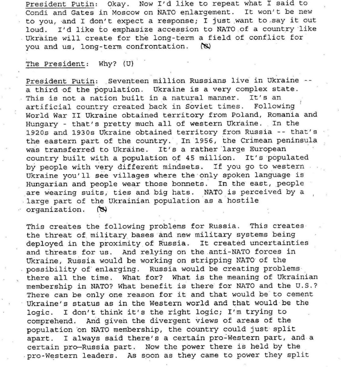 yarotrof's tweet image. The inevitable conclusion from the released Putin-Bush transcripts:
Putin didn’t invade Ukraine because he opposed NATO enlargement.
Putin opposed NATO enlargement because it would have prevented his goal of invading and eliminating Ukraine.
The ideas he had a quarter century ago…