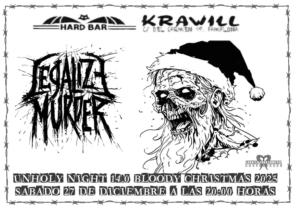 Egun on / Buenos días 

Os recordamos que HOY tenemos bolo en el bar....
Desde Iruña, Heavy-Metal a cargo de *BLACKBELTZ* 

También os anunciamos que mañana, si mañana también tenemos bolo....
También desde Iruña, el Thrash Metal de *LEGALIZE MURDER* 

Eskerrik asko / Gracias