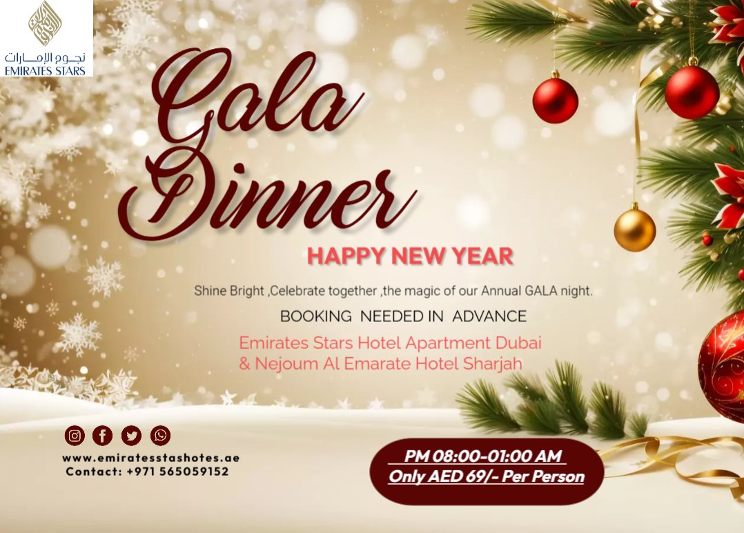StarsEmirates's tweet photo. You all are invited to join our Gala Dinner in Emirates Stars Hotel Apartment Dubai & Nejoum Al Emarate Hotel Sharjah on 31/12/2025 come and enjoy with us !!!!!!
For inquiries/ bookings, call: +971 56 505 9152/ +971 4 258 9888/+971 6 563 5555
#shishalife #emirates #galadinner #NewYear2025