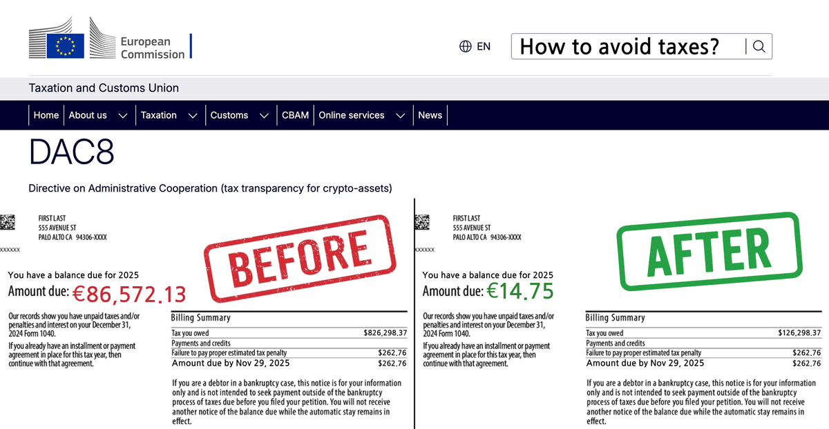 VinceCarte61867's tweet photo. 🚨The central exchange will report your data to the tax authorities.
Every transaction, transfer, and profit is tracked.
Most people unknowingly pay 40-50% in taxes.
Here are some ways EU citizens (legally) never have to pay taxes 👇🧵 https://t.co/NHOcLJ1tVP