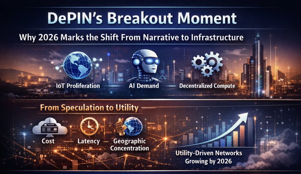 🚀 DePIN’s Breakout Moment: 2026 Marks the Shift From Narrative to Infrastructure

The DePIN (Decentralized Physical Infrastructure Networks) sector is set for a major expansion in 2026, driven by the convergence of three powerful forces: 
1. IoT proliferation 🌐, 
2. explosive