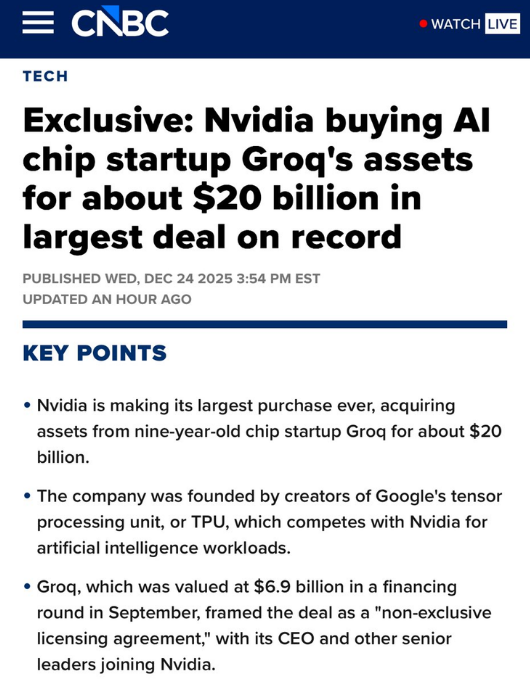 leshka_eth's tweet photo. Nvidia $NVDA paying $20B for Groq (largest deal ever)

290% premium over $6.9B valuation from 3 months ago

when you're willing to pay 3x for a competitor's tech in 90 days
you see something market doesn't

they're securing inference before this market hits $100B annually https://t.co/oG7Hu2Vwgh