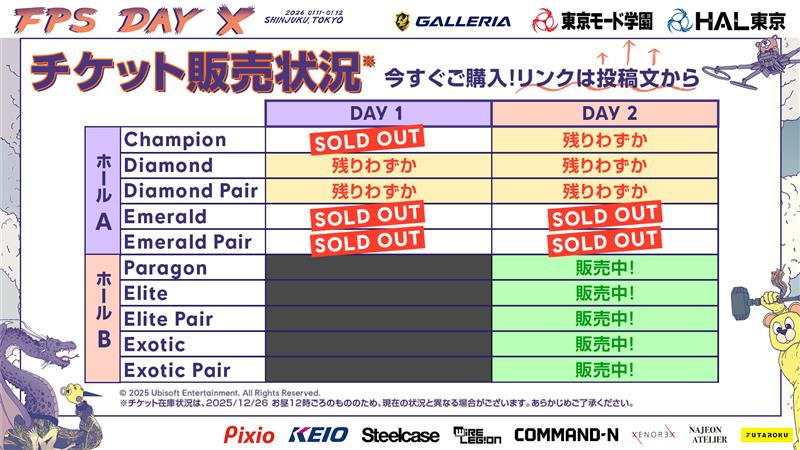 ⚠️ FPS Day X チケット状況 ⚠️

一部席種は SOLD OUT、
その他も 残りわずか が多くなっています。

迷っている方は 今すぐチェックを！
会場で一緒に盛り上がりましょう🔥

🔗 イベント詳細はこちら
 rainbow6.jp/news/044
🎟 チケット購入はこちら
 taiyoro.zaiko.io/e/fpsdayx
#FPSDayX