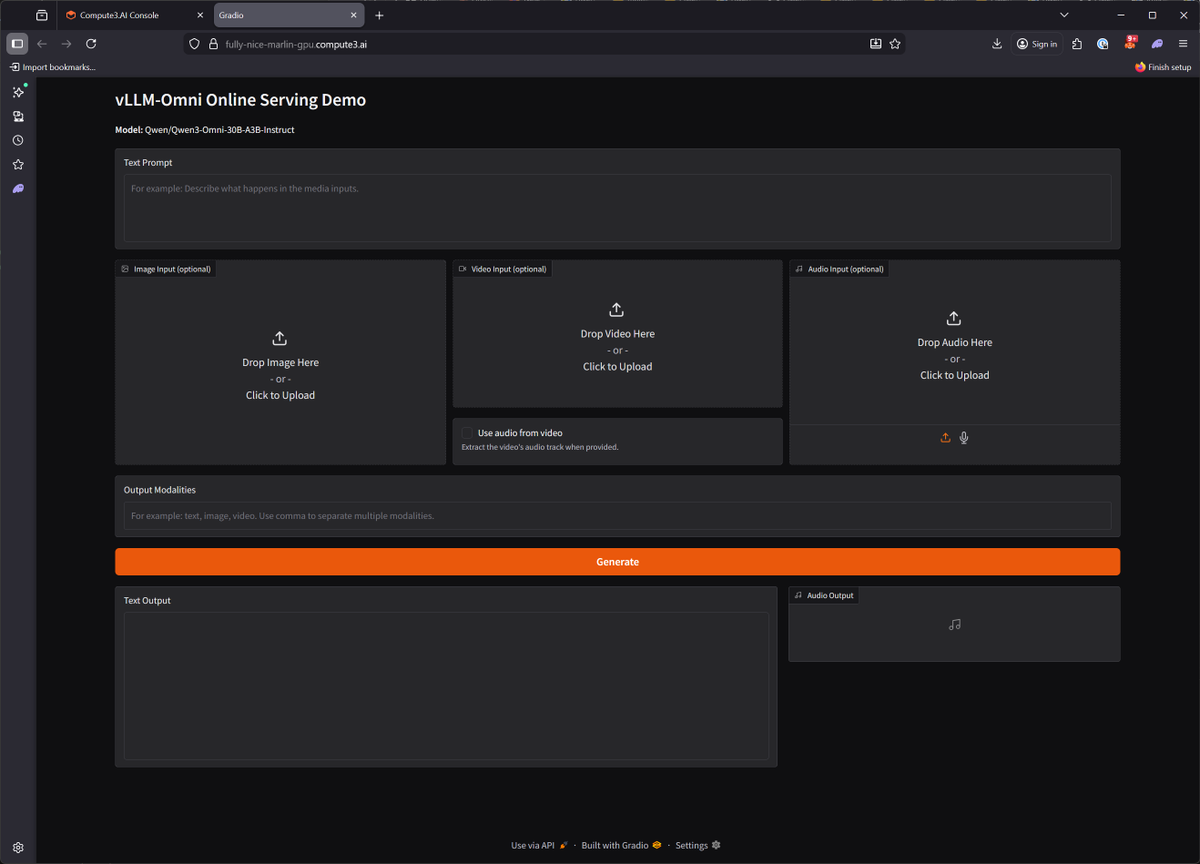 Launching Qwen-Omni using vllm-omni. This is the world's most advanced Open Source multimodal model. This is all on v2 and running using MCP in Claude code with v2 staking rewards on 2xH200s (doesn't fit on H100s). What?!

You won't be able to run these anywhere else 🌋