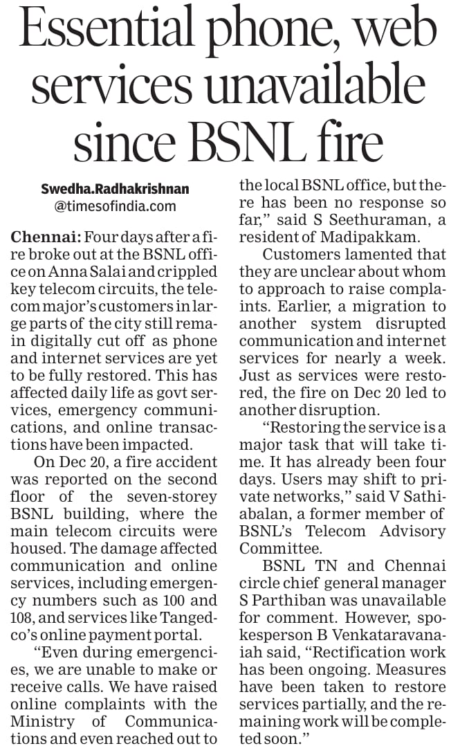 After the BSNL Anna Salai fire, phone and internet services are yet to be fully restored. Services have been disrupted for nearly a week. Customers say there is no clarity on restoration timelines or grievance redressal <a href="/BSNL_CHTD/">BSNL_Chennai</a>