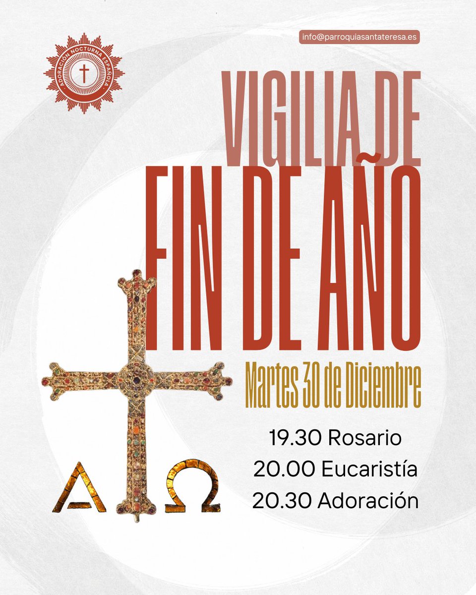 Un año termina y otro comienza… ¿Qué mejor que hacerlo de rodillas ante el Santísimo?
Con la Adoración Nocturna, queremos decirle a Dios tres cosas básicas: Gracias, perdón y en ti confiamos.
Aquí encontrarás silencio, oración y la presencia real de Jesús.
¡Te esperamos!