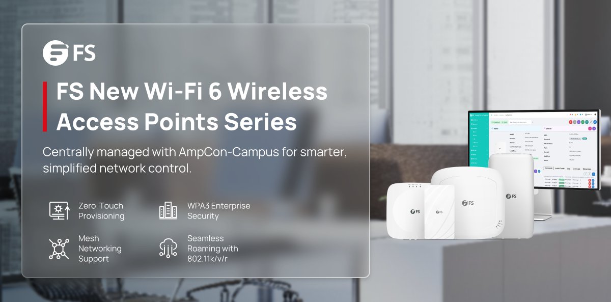 Discover FS's new Wi-Fi 6 APs—centrally managed via AmpCon-Campus for seamless configuration, zero-touch provisioning, and unified updates. Simplify operations and boost network efficiency across your campus.

Explore now: fs.com/uk/c/wi-fi-6e-…

#wireless #wifi