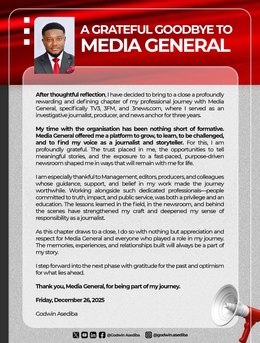 GodwinAsediba's tweet photo. With gratitude and fond memories, I close an important chapter at Media General. It has been a privilege working with such talented people and contributing to meaningful work.

To stay connected, kindly follow me here and subscribe to my YouTube channel: https://t.co/joONd2SEWG?

Here’s to new beginnings.