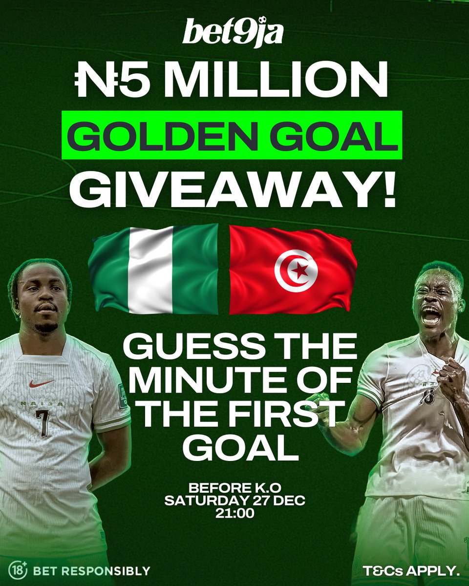 Bet9jaOfficial's tweet photo. 💰 ₦𝟓 𝐌𝐢𝐥𝐥𝐢𝐨𝐧 𝐆𝐢𝐯𝐞𝐚𝐰𝐚𝐲! 💰

1️⃣ Follow Bet9ja Social Channels
2️⃣ Guess the minute of the first goal in tomorrow's Nigeria vs Tunisia game
3️⃣ Don't forget your Bet9ja User ID

20 winning users will be selected at random & receive N250k cash across our social channels!