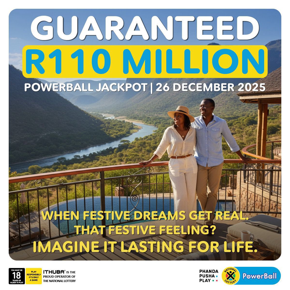 GodmotherThe's tweet image. #AD | It’s festive and the festive goodies keep coming!

Today the powerball is sitting at a
#GuaranteedR110Million. Yep, you heard right!

Get your ticket now on the Lottery App or via your banking app and you could be the lucky one this #FestivePhanda season 🥳💰💸🤑…