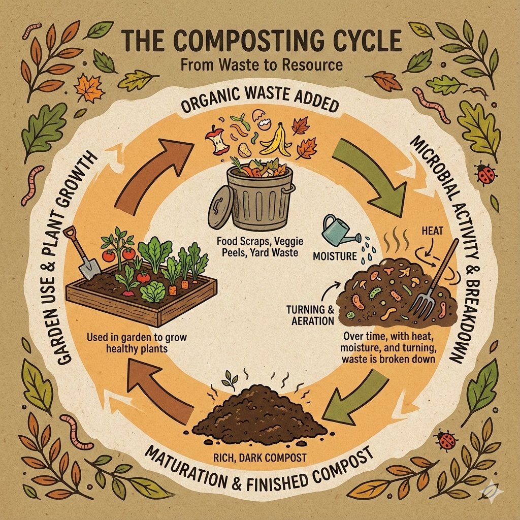 🔄🍂 What happens inside your compost bin?Here’s a breakdown of the composting process from start to finish. From food scraps to rich, fertile soil, let’s take a look at how organic waste transforms into something beautiful! 🌱
#CompostingProcess #CompostCycle #EcoTips