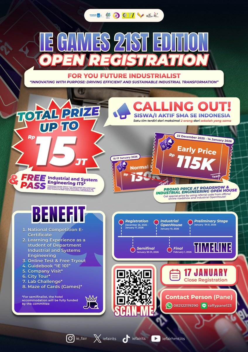🚨THE WAIT IS OVER🚨

Today is Open Registration IE GAMES 21st EDITION🃏♣️

Tunggu apalagi? Daftarkan tim-mu sekarang juga dan menangkan total prize up to 15 juta💸🫰😝 serta 🎟️FREE PASS🎟️ Teknik Industri ITS

Info lebih lanjut📲? 
Kepoin instagram @ie_fair 👀
