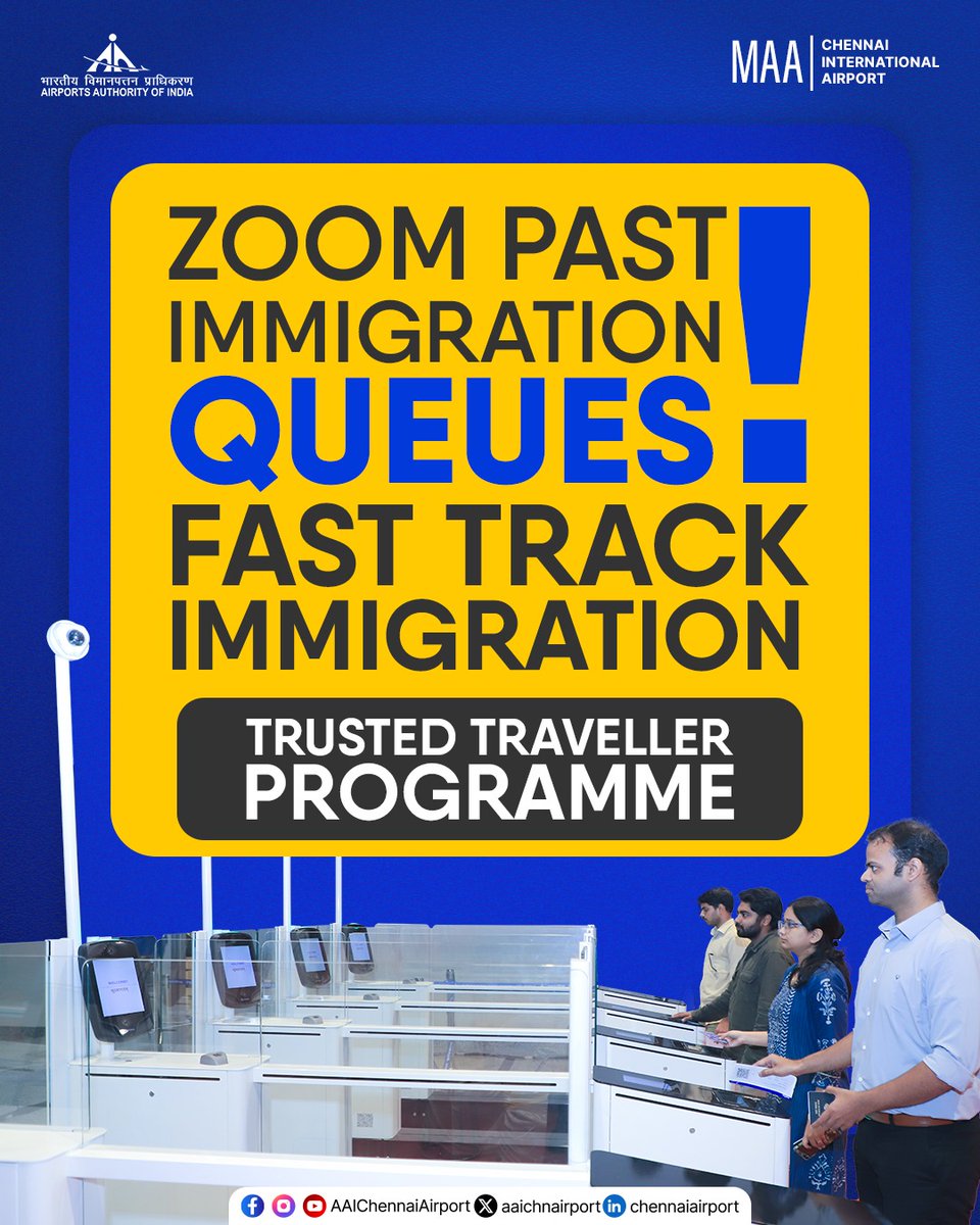 aaichnairport's tweet photo. Clear immigration faster at #ChennaiAirport with the #TrustedTravellerProgram. Complete biometric enrolment once and enjoy a smoother immigration experience every time.
Indian passport holders and OCI cardholders can
register at https://t.co/IgrxRSr4c4
@MoCA_GoI | @AAI_Official | @BOIndiaOfficial
