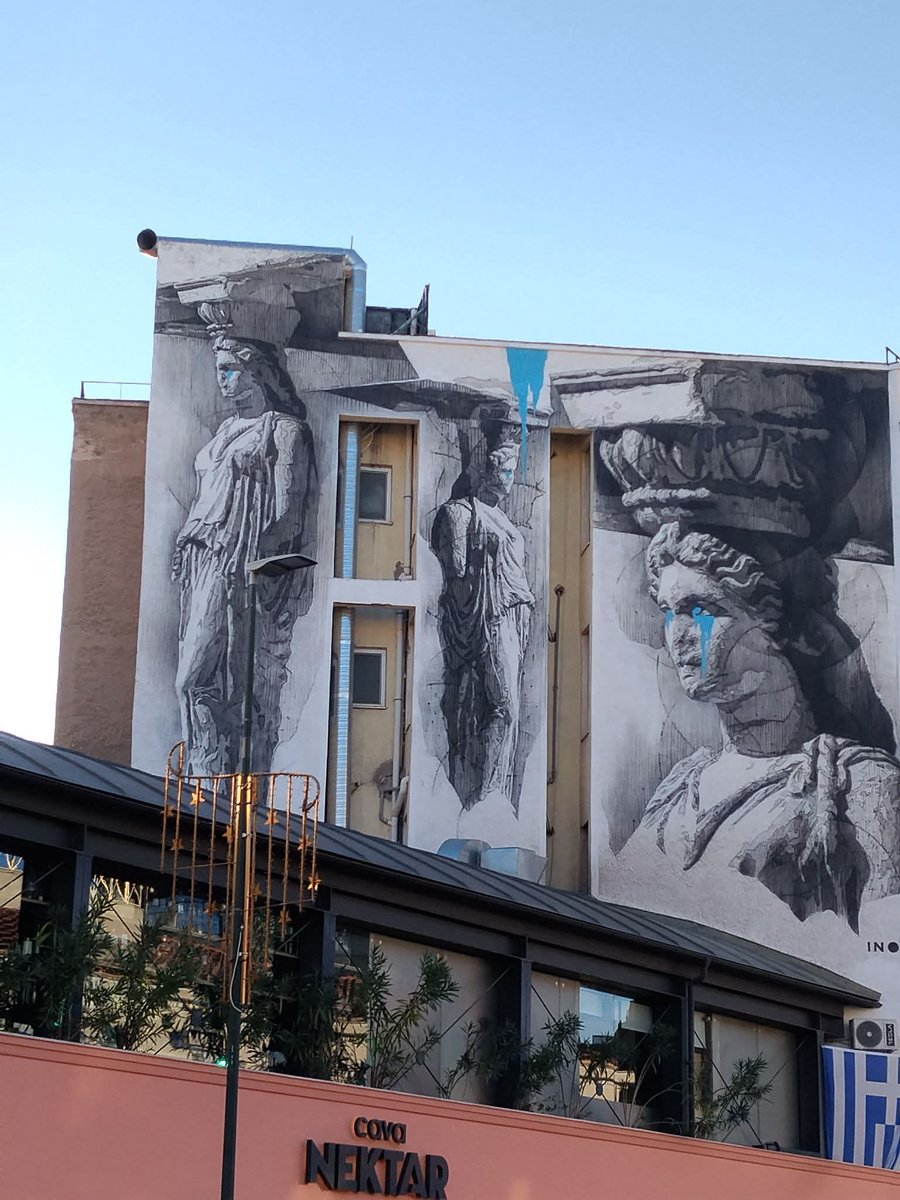 Reclaim1453's tweet photo. The mural “Caryatids Crying” by Greek artist INO at Ermou 90 in Psyrri, Athens shows the famed Caryatids with tears on their faces. A powerful commentary on cultural heritage and the missingCaryatid in the BritishMuseum 
#reunitethecaryatids

@jimmellas @acropolis_the @cultureGR https://t.co/JUCdth7dfc
