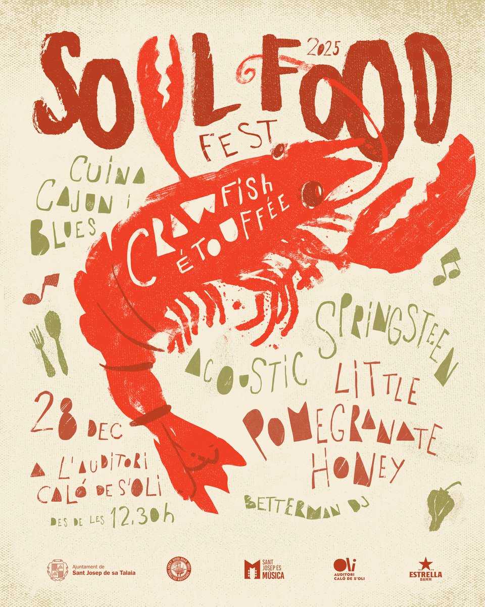 Acoustic Springsteen, Little Pomegranate Honey i Betterman Dj protagonitzen el V Soul Food Fest de Caló de s’Oli, diumenge, a les 12,30 hores. Es servirà un estofat crioll de marisc a l'estil de Louisiana! 👉 buff.ly/Dbem2Gu 
#SantJosepésMúsica #Eivissa #Ibiza <a href="/DeTalaia/">Ajuntament de Sant Josep de sa Talaia</a>