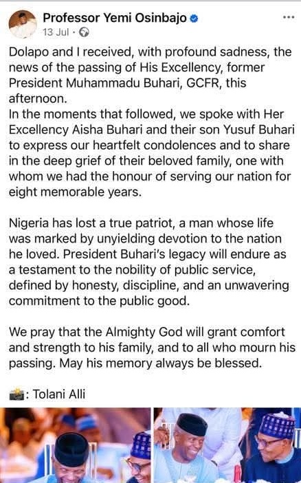 Abu_y4all's tweet image. This is Prof. Osinbajo, former vice president's condolence message when he heard about the death of his boss, President Buhari. 
He is an intelligent prof. In his religion, it is prohibited to pray for Paradise/heaven (Al-Jannah) for anyone who died non-Christian. 
Did you see…