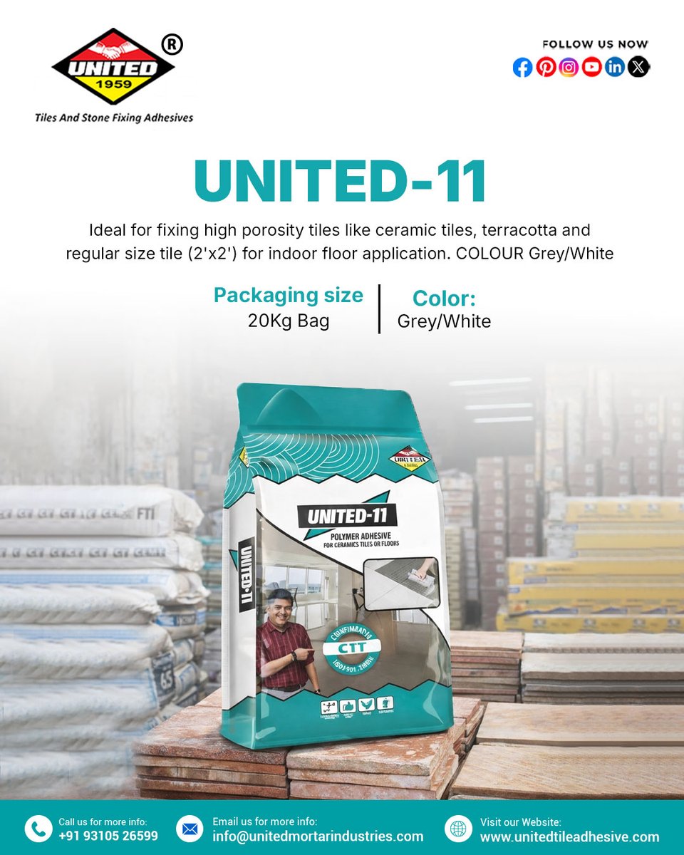 unitedadhesive's tweet photo. Strong bonding for ceramic &amp; terracotta tiles!
 UNITED-11 Tile Adhesive is ideal for high-porosity tiles and indoor floor applications.
Available in Grey &amp; White | 20 kg bag
#UNITED11 #TileAdhesive #FlooringSolutions #Construction https://t.co/AivZCarGO7