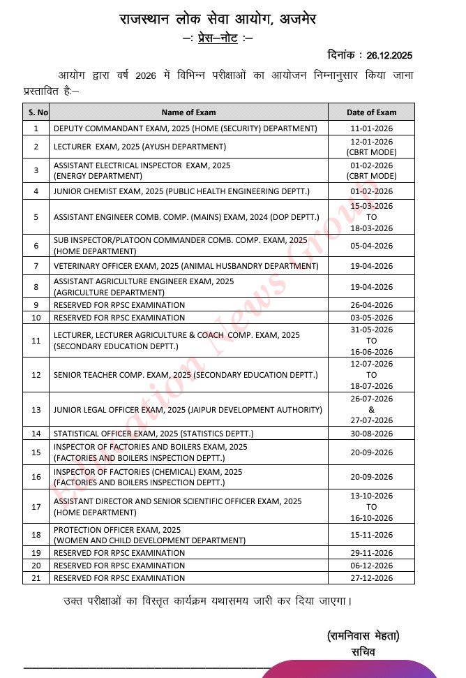 💥 इस वक्त की सबसे बड़ी खबर 💥🔥
RPSC ने वर्ष 2026 में विभिन्न पदों के लिए होने वाली विभिन्न परीक्षाओं का  कार्यक्रम जारी किया