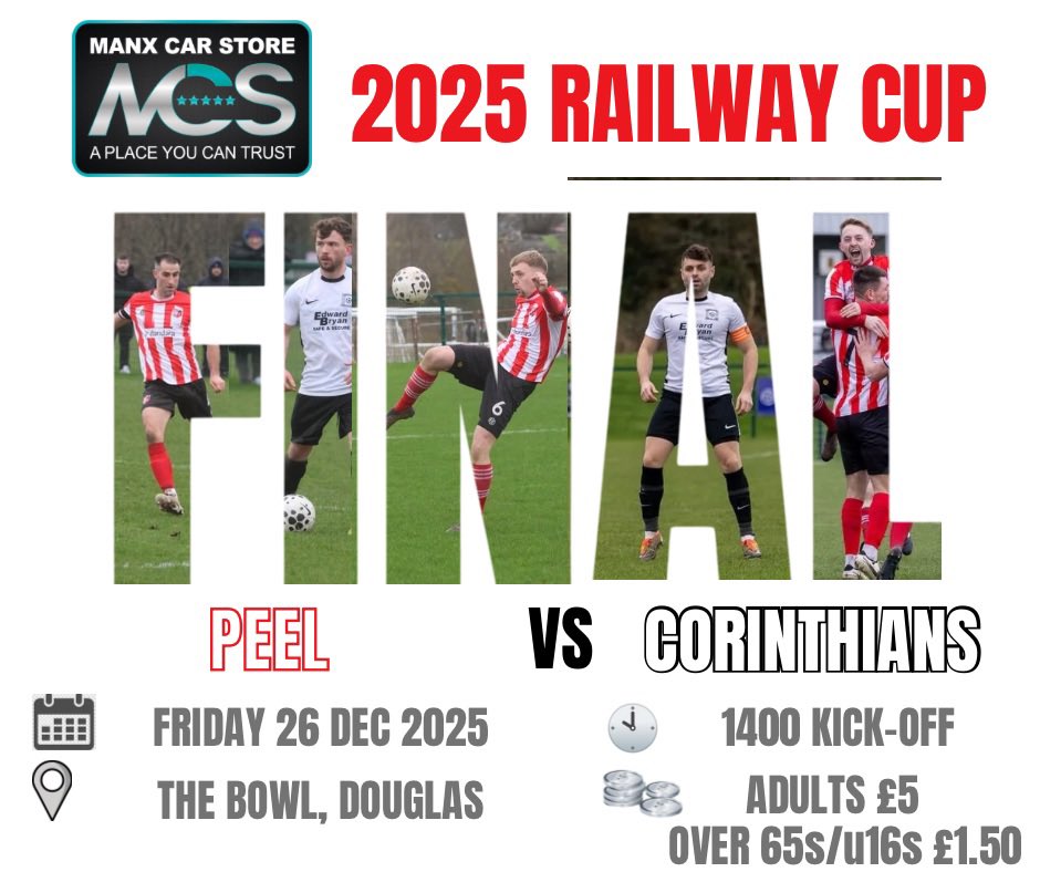 IsleofManFA's tweet photo. The Boxing Day Railway Cup Final this year is between Peel and Corinthians. 

With thanks to the competition’s new sponsor Manx Car Store 

Good luck to both teams &amp;match officials for today’s game. 

With Hotdogs, snacks, hot &amp; cold drinks available on site from Douglas Pizza Co https://t.co/c2CBkqUqUG