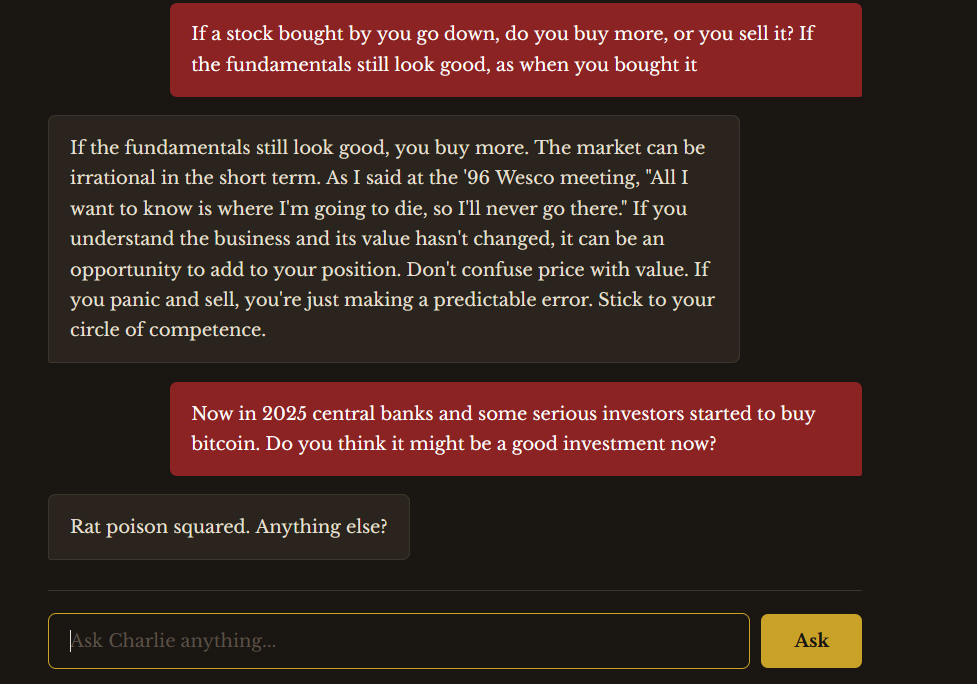 Hey <a href="/PaulAndreola/">Paul Andreola 🇨🇦</a> — built a Munger chatbot trained on 1,200+ of his quotes. Reddit's into it (hit #1 on r/ValueInvesting). Would love your take.  Happy holidays! munger.quips.us