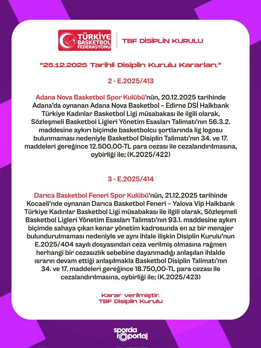 sr_basketbol's tweet photo. 📢 | “25.12.2025 Tarihli Disiplin Kurulu Kararları.” #tkbl #kbsl #kbbl #basketball https://t.co/rRhZ6Mv69B