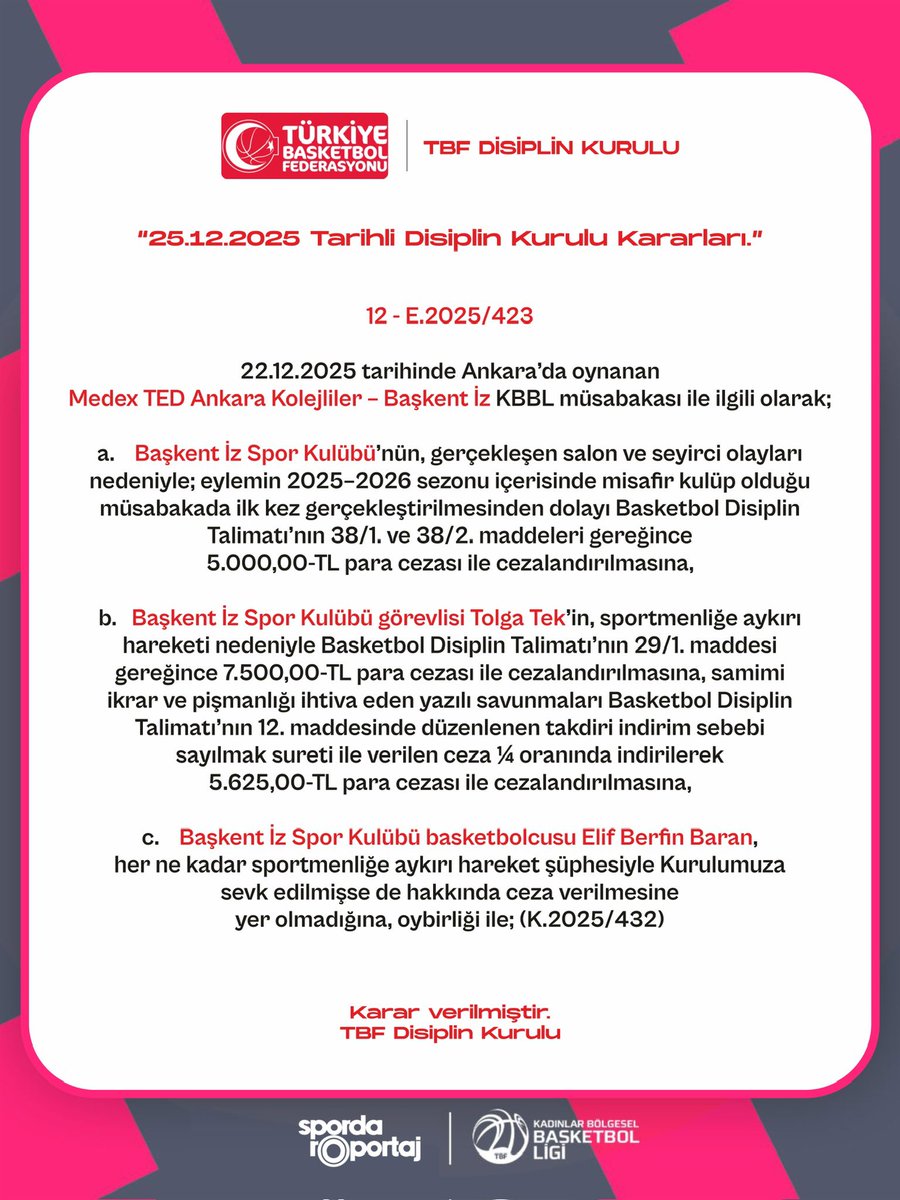 sr_basketbol's tweet photo. 📢 | “25.12.2025 Tarihli Disiplin Kurulu Kararları.” #tkbl #kbsl #kbbl #basketball https://t.co/rRhZ6Mv69B
