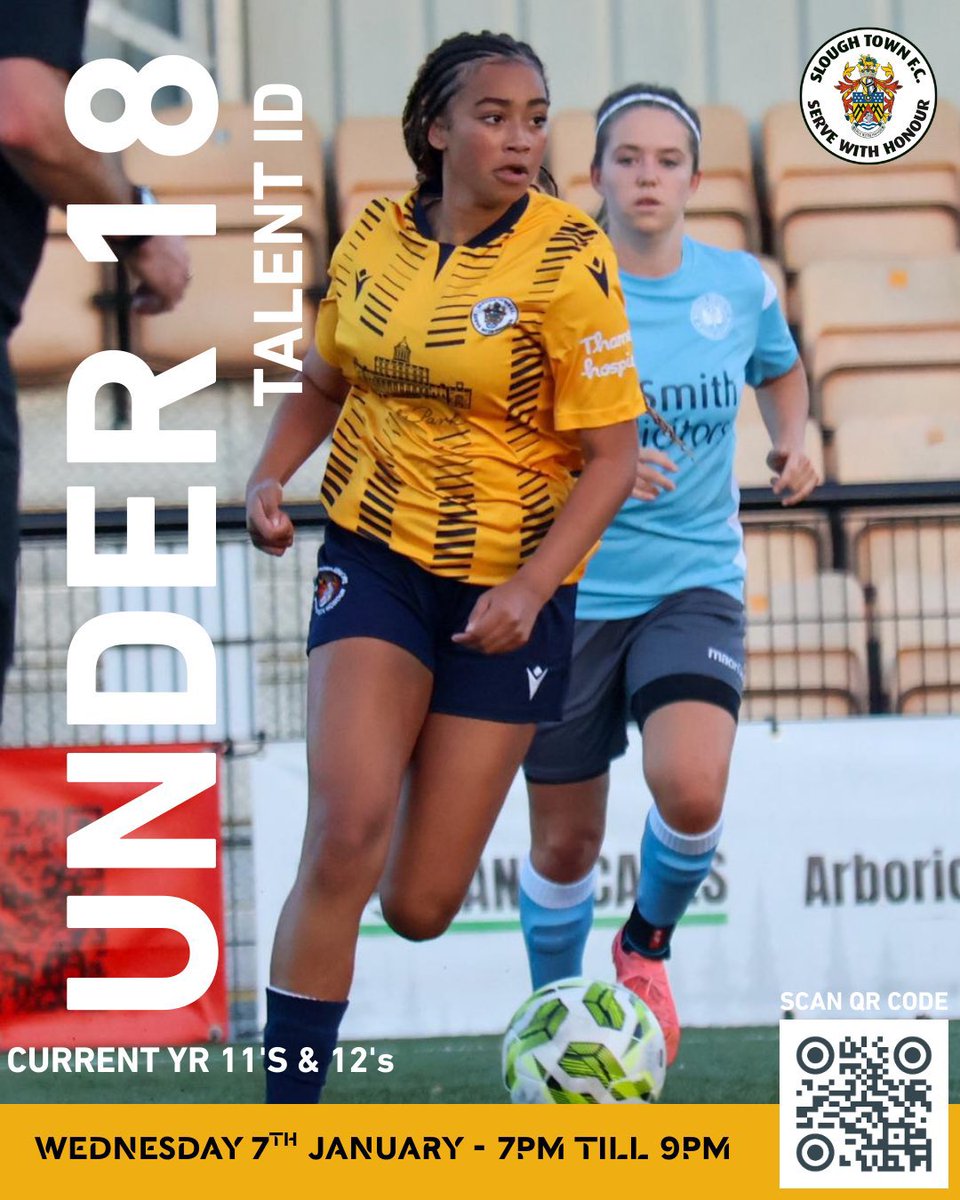Academy23's tweet photo. Slough Town FC Academy – Talent ID Event

For current Under 16s & 17s (U18s for the 2026/27 season)

Slough Town Academy is inviting ambitious and committed players to attend our Talent Identification Event as we look ahead to our Under 18 squad for the 2026/27 season.

This is an opportunity for players to be assessed by our academy coaching team and potentially secure a place within our elite pathway.

@sloughtownfc