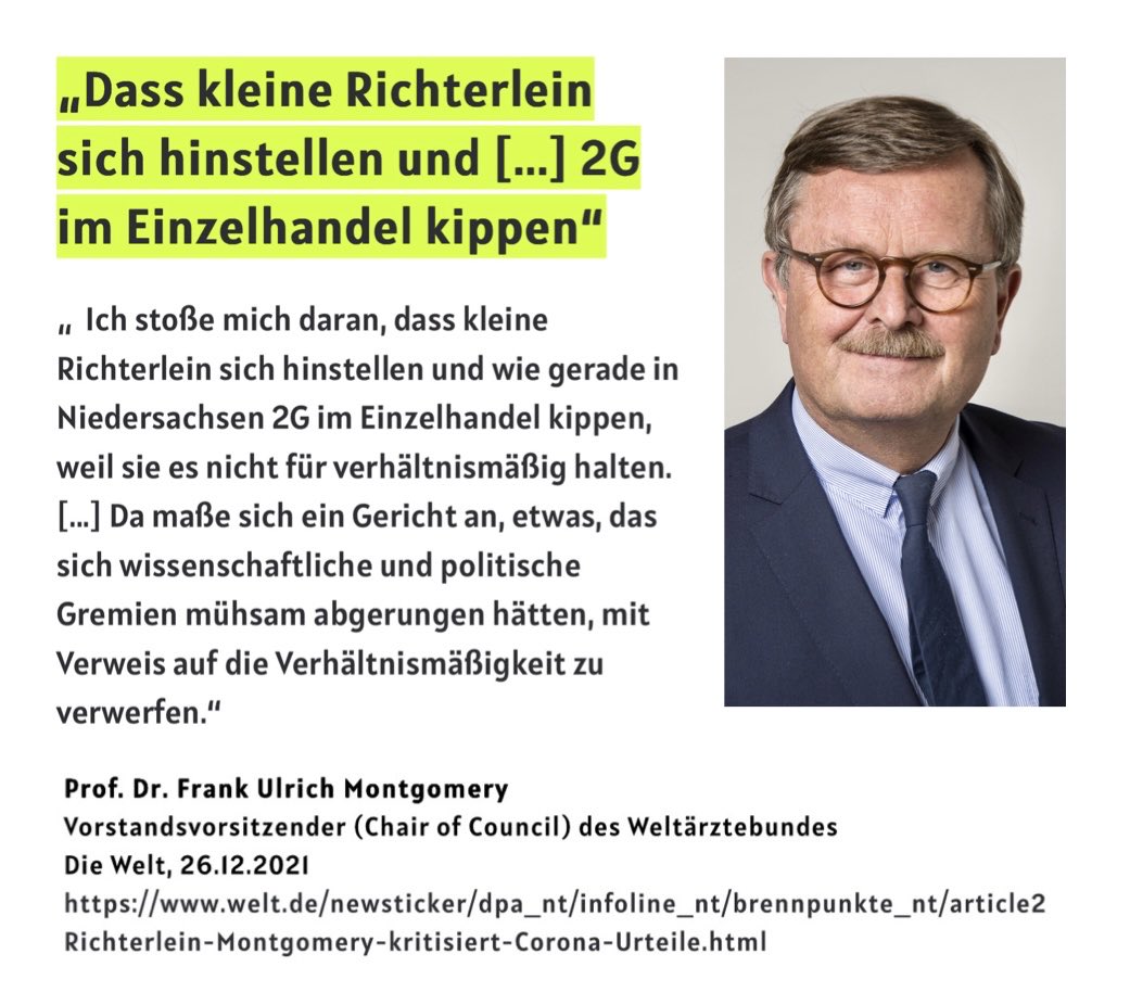 "Ich stoße mich daran, dass kleine Richterlein sich hinstellen und wie gerade in Niedersachsen 2G im Einzelhandel kippen, weil sie es nicht für verhältnismäßig halten."

26.12.2021 #RichtigErinnern