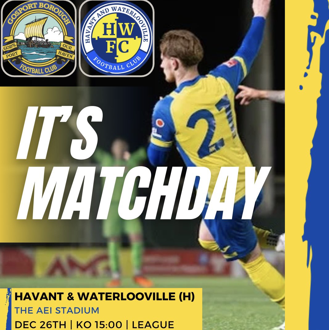 🚨 𝙄𝙏’𝙎 𝙈𝘼𝙏𝘾𝙃𝘿𝘼𝙔!!! 🚨 

🆚: Havant &amp; waterlooville
🏆: Southern Premier League South
🏟: The AEI Stadium 
⏰: 15:00

More information can be found here 👇
🔗: gosportboroughfc.com

#UpTheBoro #UTB