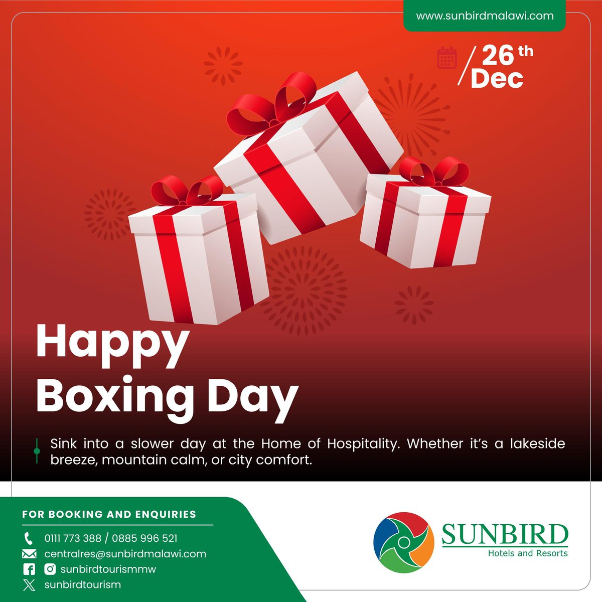 Happy Boxing Day from Sunbird Hotels and Resorts! 🎁🎉 

Unwind and recharge with us during this festive season.

#BoxingDay
#thehomeofhospitality 
#thesunbirdexperience
