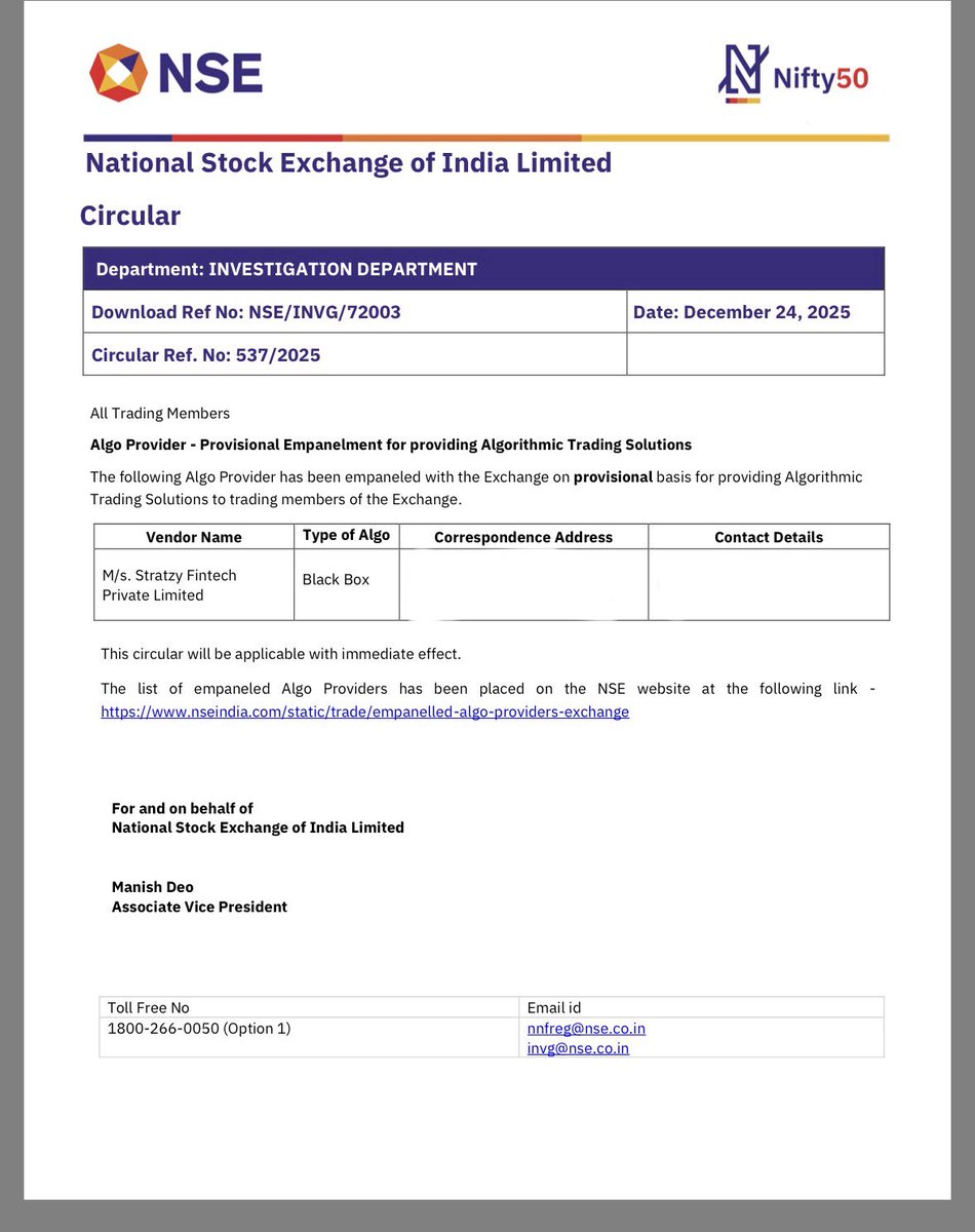 Big milestone for Stratzy! 🥇

We’re proud to announce that Stratzy is provisionally empaneled with <a href="/NSEIndia/">NSE India</a> as the first Black Box Algorithmic Trading Vendor.

With <a href="/SEBI_India/">SEBI_Awareness</a> &amp; exchanges formalizing the algo ecosystem, this is a step toward a regulated, transparent future for