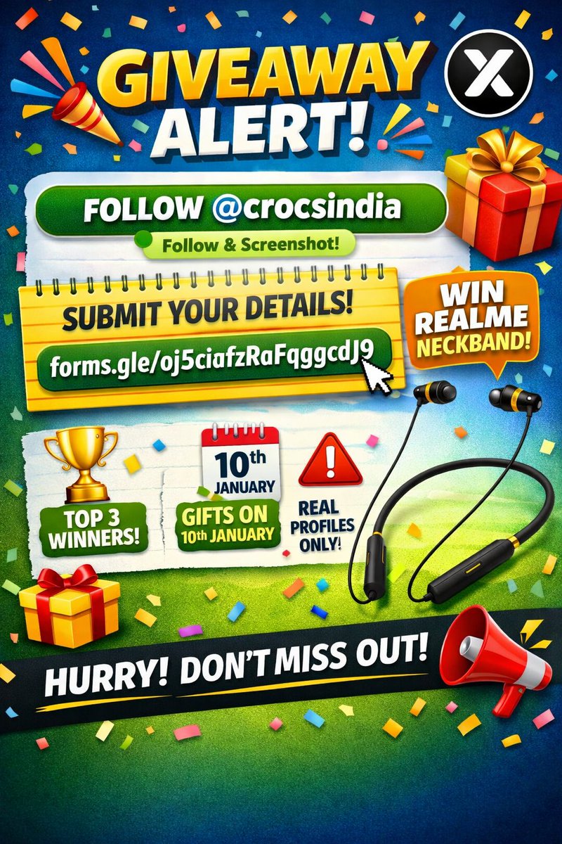 aitd_events's tweet photo. ๐ GIVEAWAY ALERT ๐
Task ๐๐
๐ Submit here: https://t.co/hIgNBnMjZR
๐ Top 3 winners
๐
Gifts will be given on 10th January
โ ๏ธ Only active & real profiles allowed
๐ข Join our Telegram for updates ๐ https://t.co/EHUUETzLs3
#Giveaway #CrocsIndia #Contest #Freebies #AITDEvents https://t.co/dkoDtGIDFZ