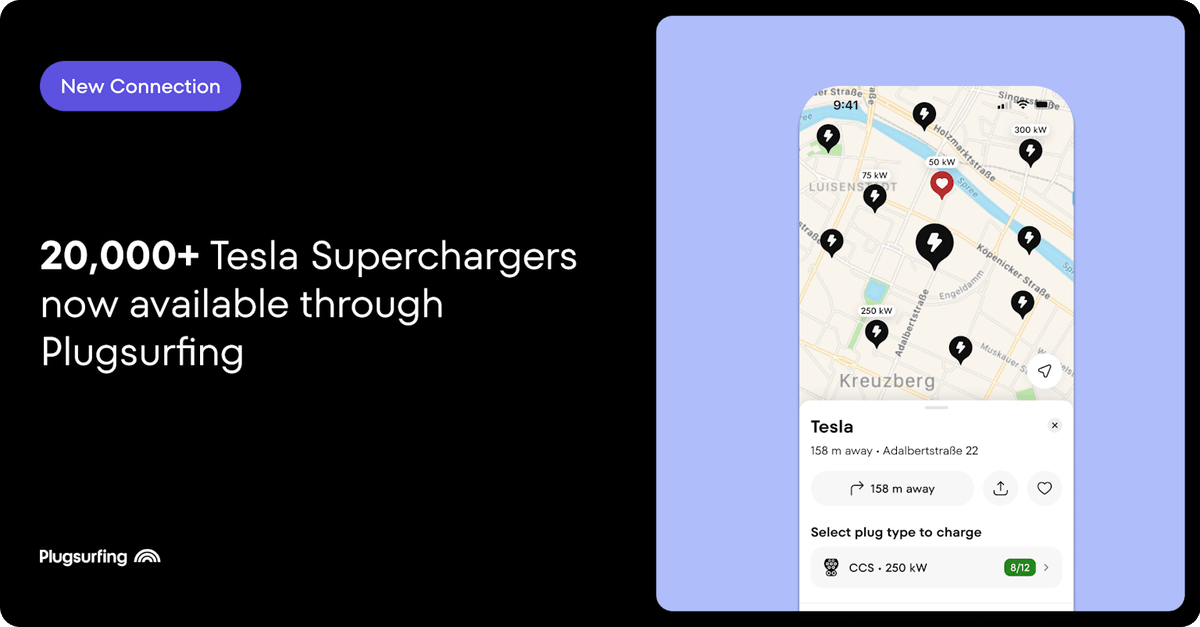 Plugsurfing's tweet photo. On the road this week? 🚗

Don’t forget: Tesla Superchargers are now available via Plugsurfing — 1,500+ locations, up to 250 kW, for all EV brands.

More info on our website: https://t.co/emAGlN57OY https://t.co/HJK8VCj0zM